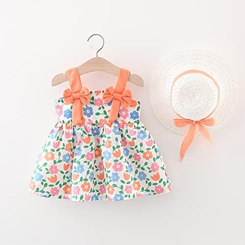 פעוטות תינוקת קיץ קישוט קישוט קשת שמלת דפוס פרחים עם כובע, מסיבת יום הולדת נסיכה