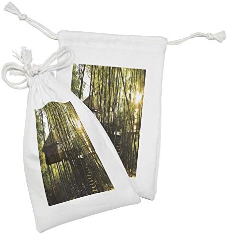 עץ אמבסון עץ בדים בדים סט של 2, צריף קטן עם מדרגות בתצלום זריחת יער אידילי, תיק משיכה קטן למסכות ומוצרי מוצרים, 9 x 6, צהוב ירוק כהה כהה