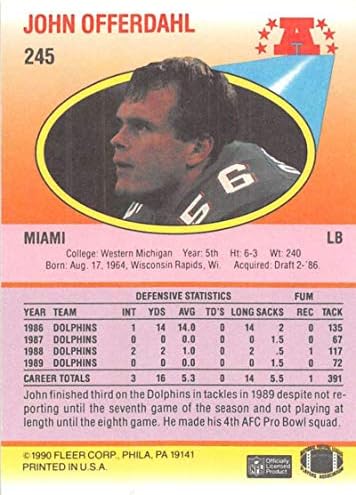 1990 Fleer 245 ג'ון מציע DAHL NM-MT MIAMI DOLPHINS כדורגל NFL