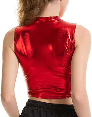 HAITRYLI לנשים יבול מתכתי נוצץ עליון צוואר מדומה גופיות ללא שרוולים גופיות ריקוד סוודר גופית גופית אדומה XX-LAGE