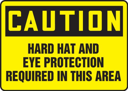 Accuform MPPE416VS שלט, אגדה זהירות כובע קשה והגנה על העיניים הנדרשים באזור זה, 7 אורך x 10 רוחב x 0.004 עובי, ויניל דבק, 7 x 10 , שחור