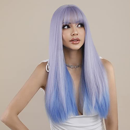 7 פאות ארוך ישר פאות עם פוני 23 אינץ מעורב אומברה כחול כדי סגול פאת קוספליי לנשים חום עמיד סינטטי שיער להפוך למראה טבעי