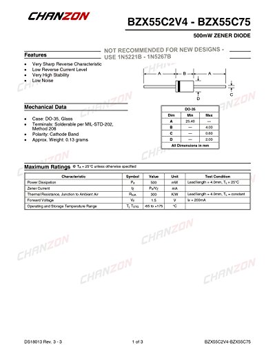 Chanzon BZX55C9V1 ZENER דיודה 0.5W 9.1V DO-35 דיודות ציריות 0.5 וואט 9.1 וולט