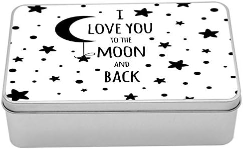 אמבסון אני אוהב אותך לירח ובחזרה קופסת פח, הדפסת ירח סהר כוכבים על רקע רגיל, קופסת אחסון ארגונית מתכת מלבנית ניידת עם מכסה, 7.2 איקס 4.7