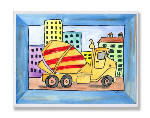 את ילדים חדר על ידי סטופל אדום וצהוב מלט משאית עם כחול גבול מלבן קיר פלאק