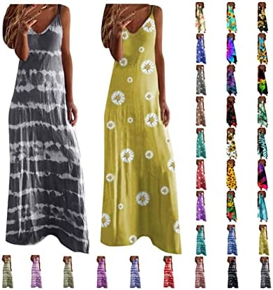 שמלות קיץ אופפי לנשים 2023 הדפסת שמלות קיץ חוף רצועת ספגטי שמלת מקסי ארוכה ללא שרוולים ללא שרוולים