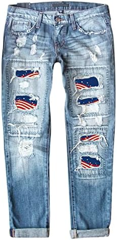 נשים על מכנסיים גבוה נשים ג ' ינס עצמאות יום הדפסת קרע מכנסיים בתוספת גודל נשים מכנסיים
