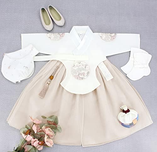 האנבוק ילדה תינוק קוריאה מסורתי בגדי סט שנהב בז ' תיקון 100 ימים ראשון יום הולדת מסיבת חגיגות