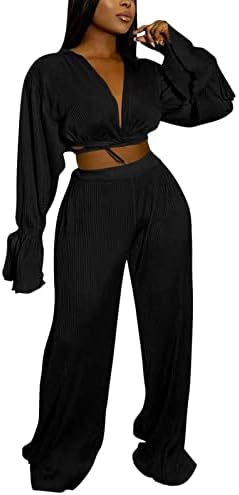Ekaliy נשים 2 חלקים קפלים קפלים תלבושות קפלים כפתור שרוול קצר מטה חולצה גבוהה מותניים רחבים מכנסי מכנסיים חליפה