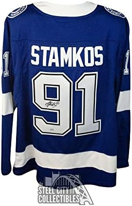 סטיבן סטמקוס חרטה טמפה מפרץ ברק ג'רזי קנאי כחול - קנאים - גופיות NHL עם חתימה