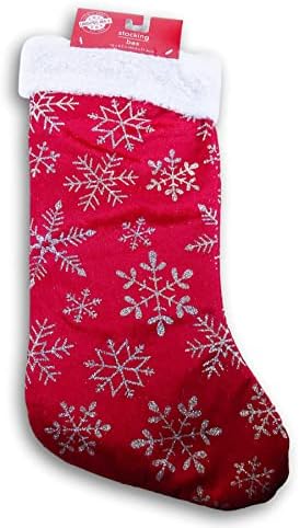 גרב חג המולד של קטיפה אדומה חגיגית עם עיצוב פתית שלג מכסף - 16 x 8.5 אינץ '