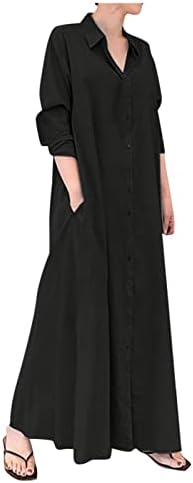 שמלות פשתן של זפודים לנשים 2023 שרוול ארוך אופנה מזדמן מזדמן רופף שמלת חולצה מקסי רגילה ...