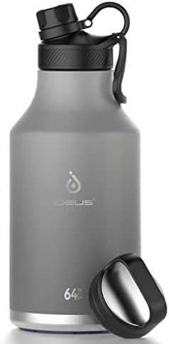 IDEUS מבודד בקבוק מים מפלדת אל חלד עם 2 מכסים חסרי דליפה, בקבוק מים תרמי לטיולי אופניים, 64oz, אפור