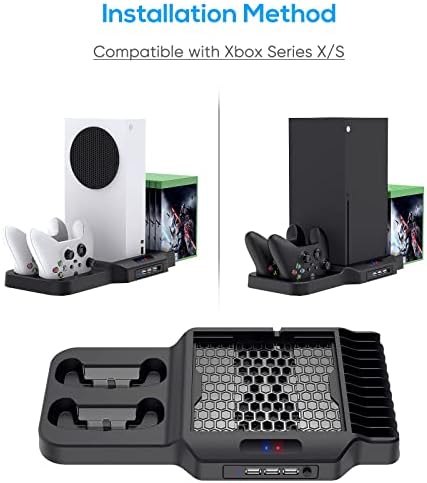 מעמד מאוורר קירור אנכי עם בקר טלפון תואם לסדרת Xbox X/S, יואנהוט תחנת טעינה עגינה עם יציאות מטען בקר כפול, אחסון משחק ומערכת קרירה