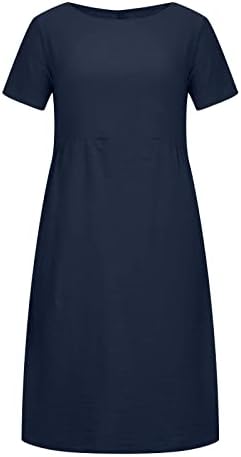 פשתן שמלות לנשים 2023 קיץ מזדמן מפנק עגול צוואר מידי חוף לחפות קצר שרוול רגיל חולצה שמלה
