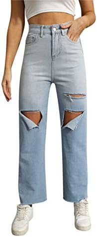 מכנסיים של Miashui Jean לנשים חתוך צבע קרוע ג'ינס מתרחב ברגל רגל רזה של נשים ישירות בגודל גבוה 16 מכנסיים עבור