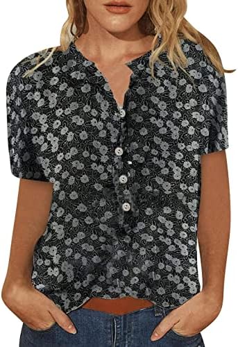 נוער חולצה חולצות לנשים קצר שרוול קיץ אופנה מזדמן טרנדי מודפס טי חולצה כפתור מחשוף חולצות