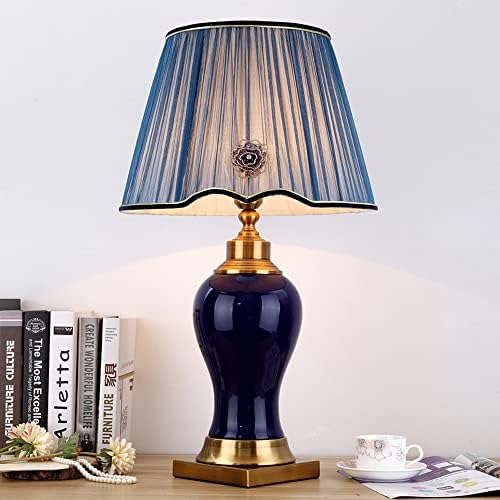 מנורת שולחן כתיבה של SDFDSSR מנורת שולחן קרמיקה כחולה כחולה לסלון לסלון מודרני אמריקאי פסטורלי פסטורל ​​מנורת מיטה מיטה בעבודת יד, 26.8
