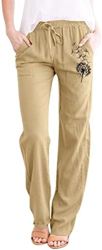 פשתן רחב רגל מכנסיים, מוצק גבוהה מותן ישר רגליים רך שרוך פשתן מכנסיים עם כיסים נשים של טיולים מכנסיים