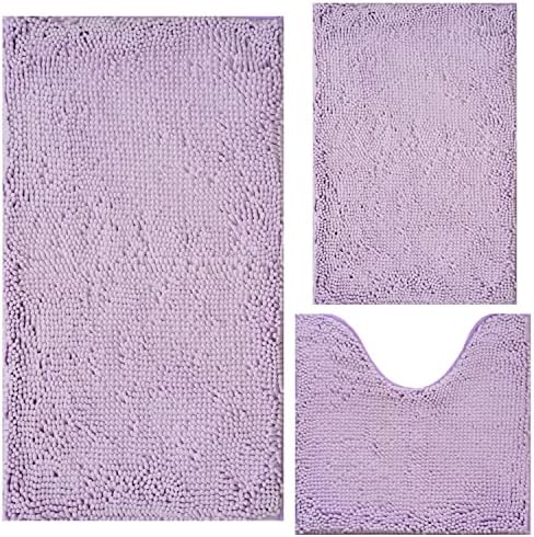 שטיחי אמבטיה צ'ניל 3 חלקים שטיחי אמבטיה רכים וסופגים במיוחד, מחצלת שטיפת מכונות, מחצלת שטיפה חזקה של PVC ללא החלקה, מחצלות שטיחים קטיפה