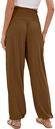 HCJKDU נשים קיץ מכנסיים ארוכים במותניים גבוהות עם פשתן כותנה פשתן רחב רגל רחבה עם טרקלין כיס רופף מכנסי רגל ישר