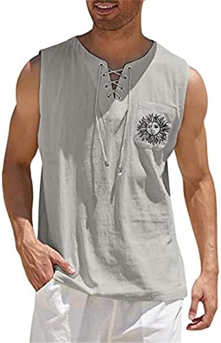 XXBR Mens כותנה פשתן גופיות היפי, קיץ תחרה למעלה V חולצות אפוד ללא שרוולים של צוואר
