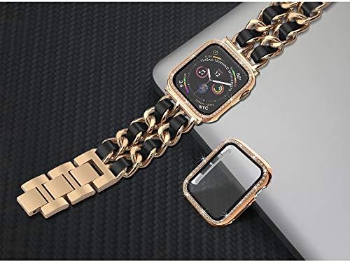 להקת שעון Apple Mosonio תואמת את סדרת IWatch 6/5/4, להקת IWatch עם 2 חבילות 44 ממ מארז לנשים - שרשרת מתכת זהב ורד עם רצועת עור שחורה &