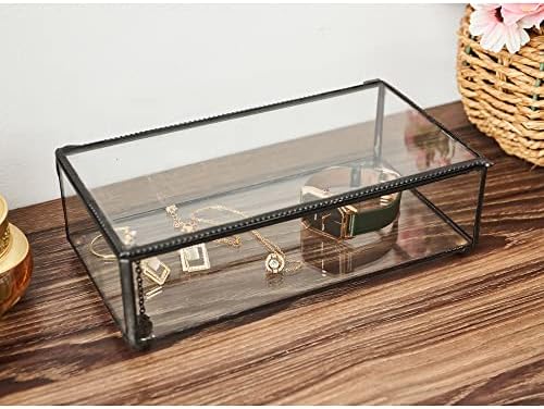 קופסת תכשיטים מזכוכית וינטג 'של WHSLILR עם מכסה צירים ותחתית שיקוף, נהדר לאחסון תכשיט/תכשיטים/כרטיס/צילום, קופסה דקורטיבית שחורה לשידה-15612EX