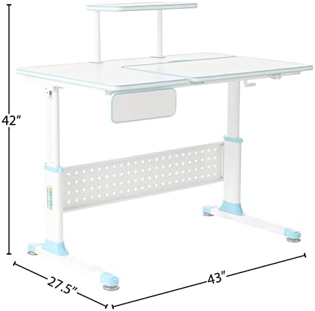 43 עם מחקר מתכוונן לגובה ילדים עם מדף משולב ומגירה, שולחן כחול בלבד